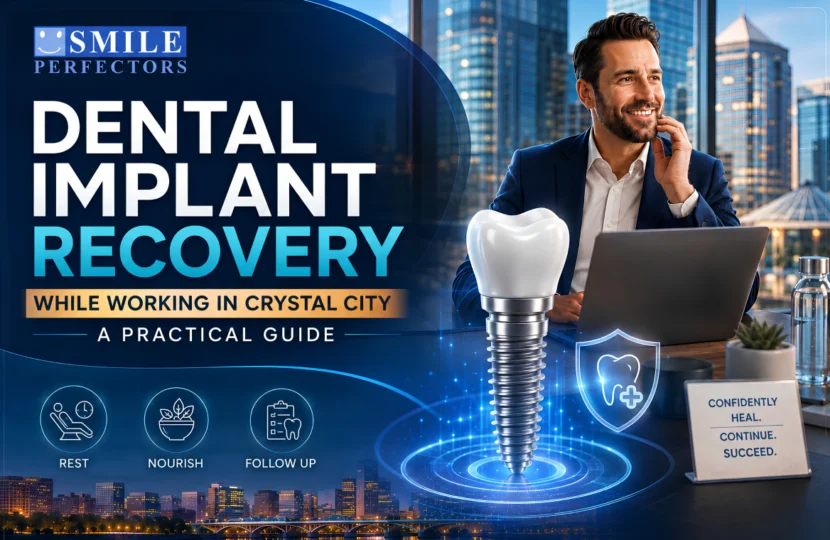 Smiling businessman at a desk with a 3D dental implant model and promotional text.