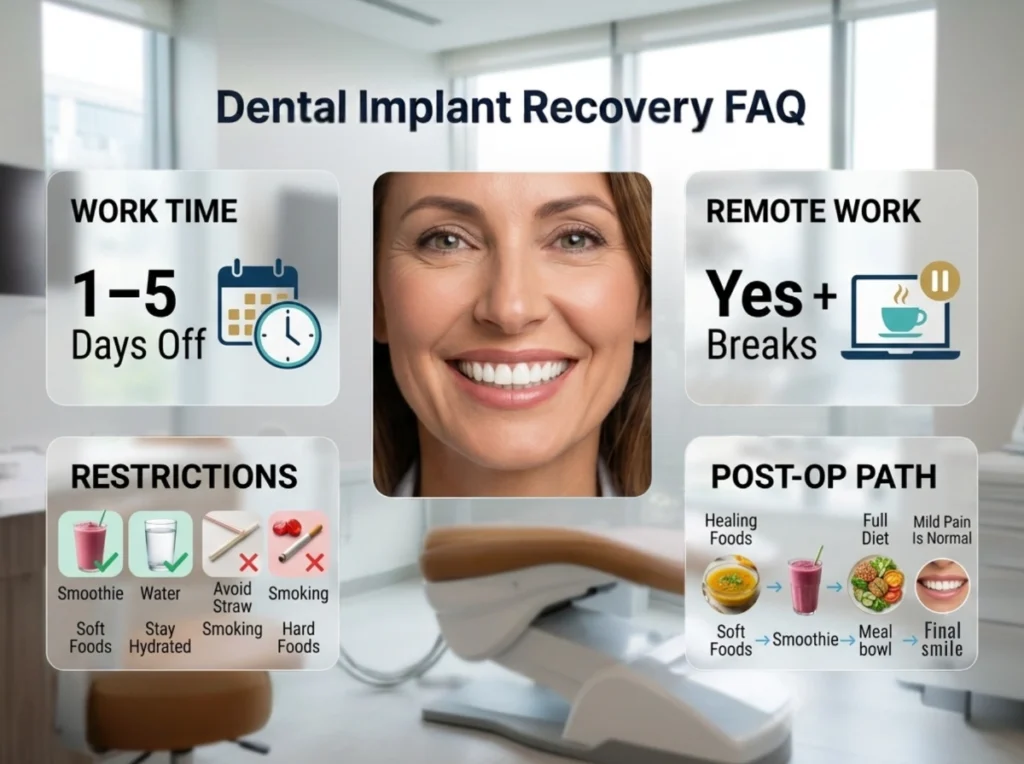 Dental Implant Recovery FAQs Infographic detailing dental implant recovery FAQs, featuring recovery timelines, dietary restrictions, and post-operative steps.