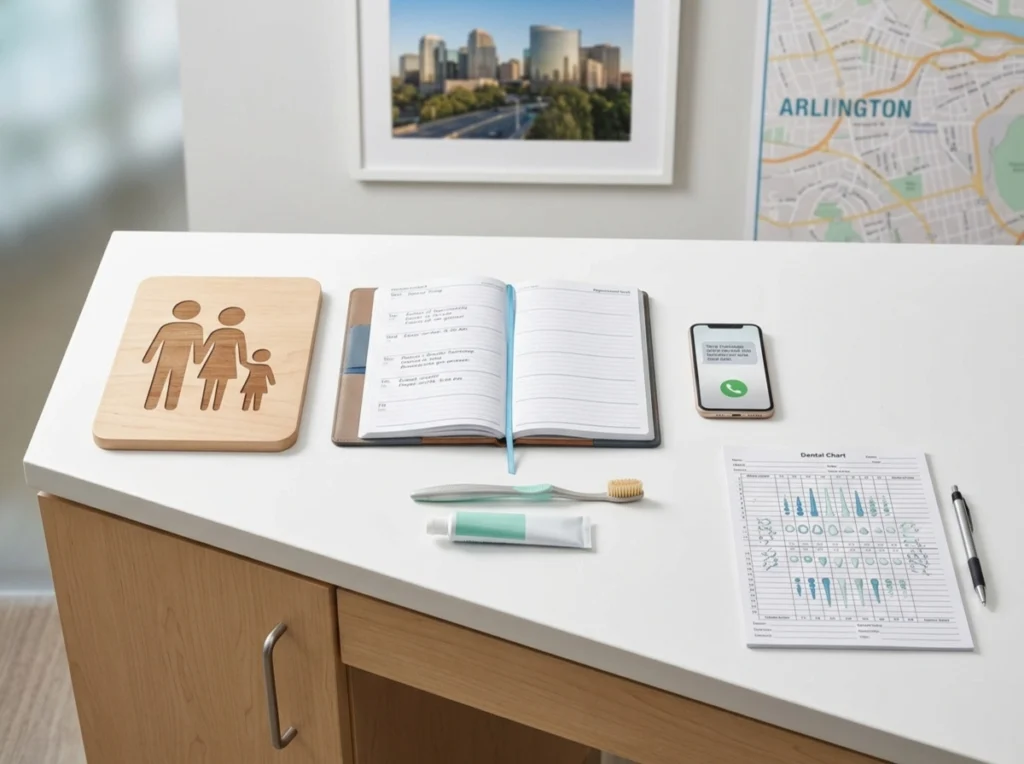 Ensuring Continuity of Dental Care A visual checklist or array of symbolic items representing essential steps for ensuring continuous family dental care.