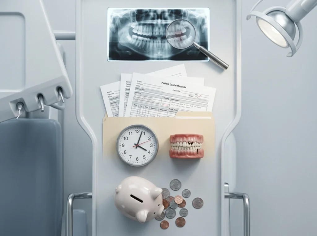 Inconsistent Dental Visits A super-realistic visual checklist or array of distinct items, each representing a challenge of inconsistent dental visits.