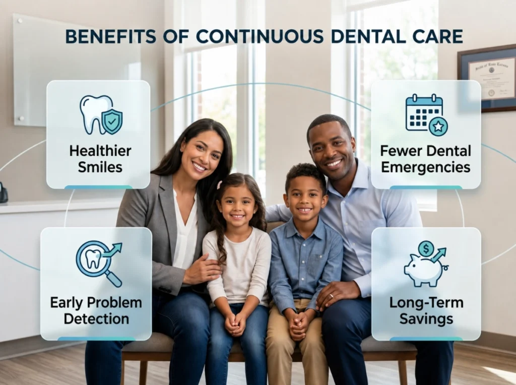 Long-Term Benefits Smiling family sitting together surrounded by graphic overlays highlighting continuous dental care benefits.
