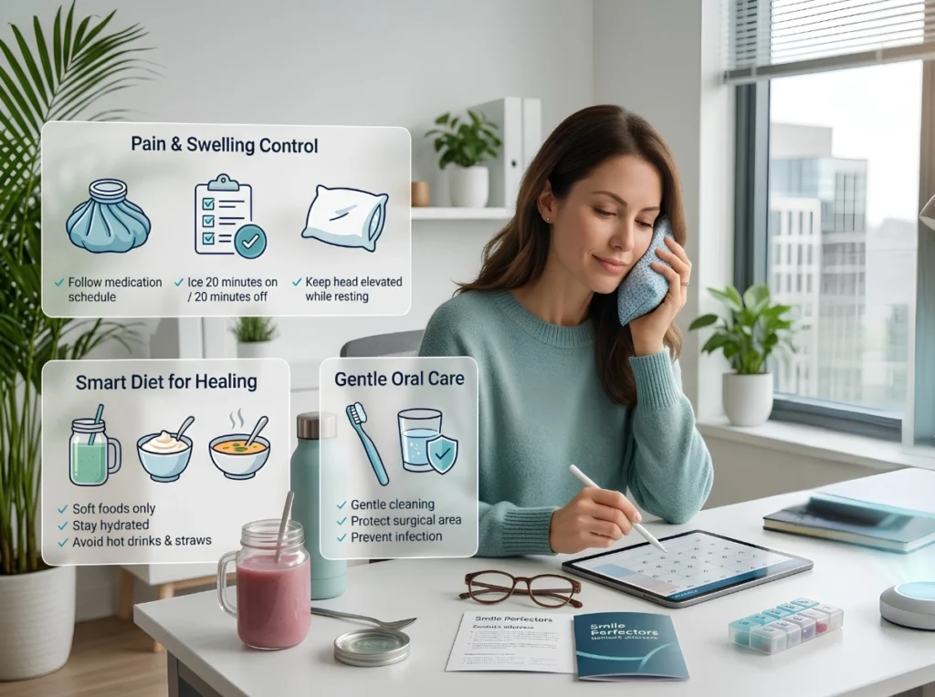 Post-Operative Care Woman applying an ice pack to her cheek while sitting at a desk planning care.