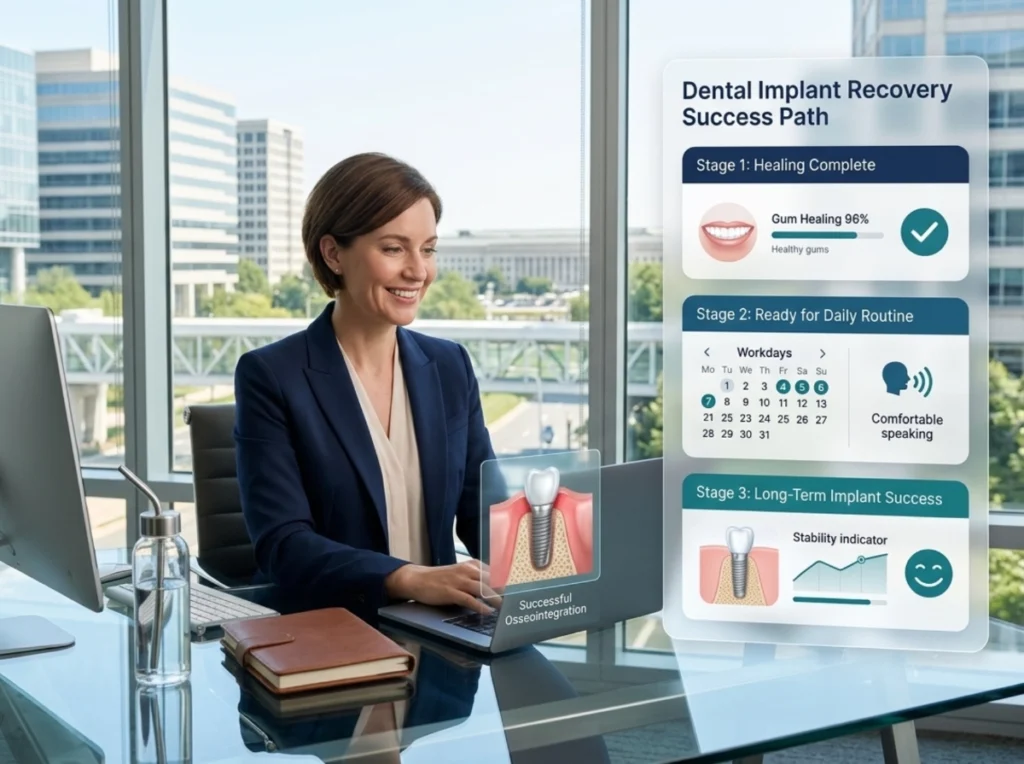 Returning to Work Businesswoman working on a laptop beside a floating dental implant recovery infographic diagram overlay.