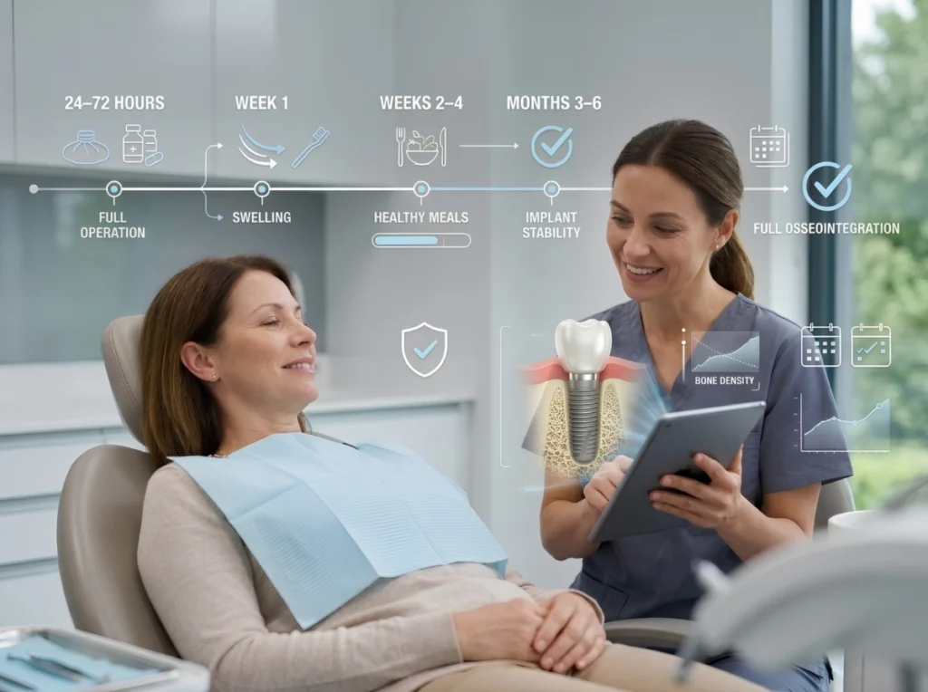 Understanding Implant Recovery Dentist holding a digital tablet showing an implant diagram to a patient in a chair.