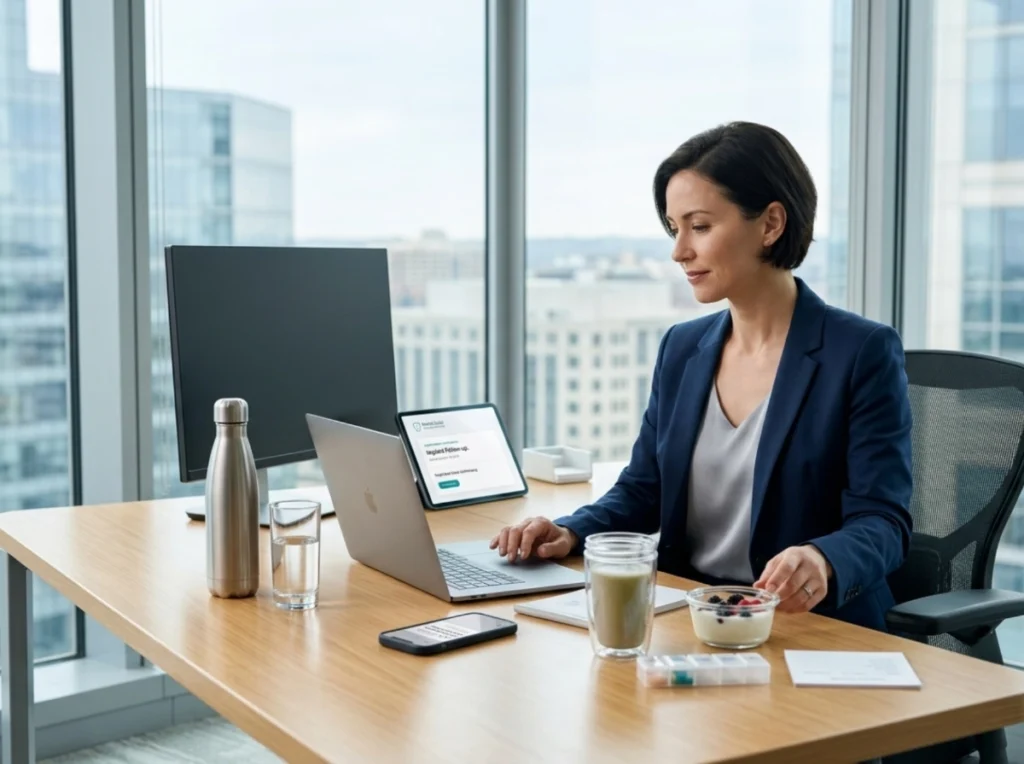 Workspace Professional woman working on her laptop at an office desk while enjoying soft foods.
