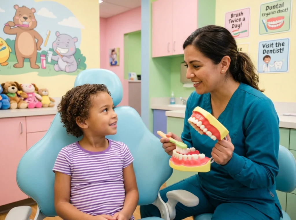 Children First Dental Visit Pediatric dentist demonstrating proper brushing technique using a teeth model to a young girl.