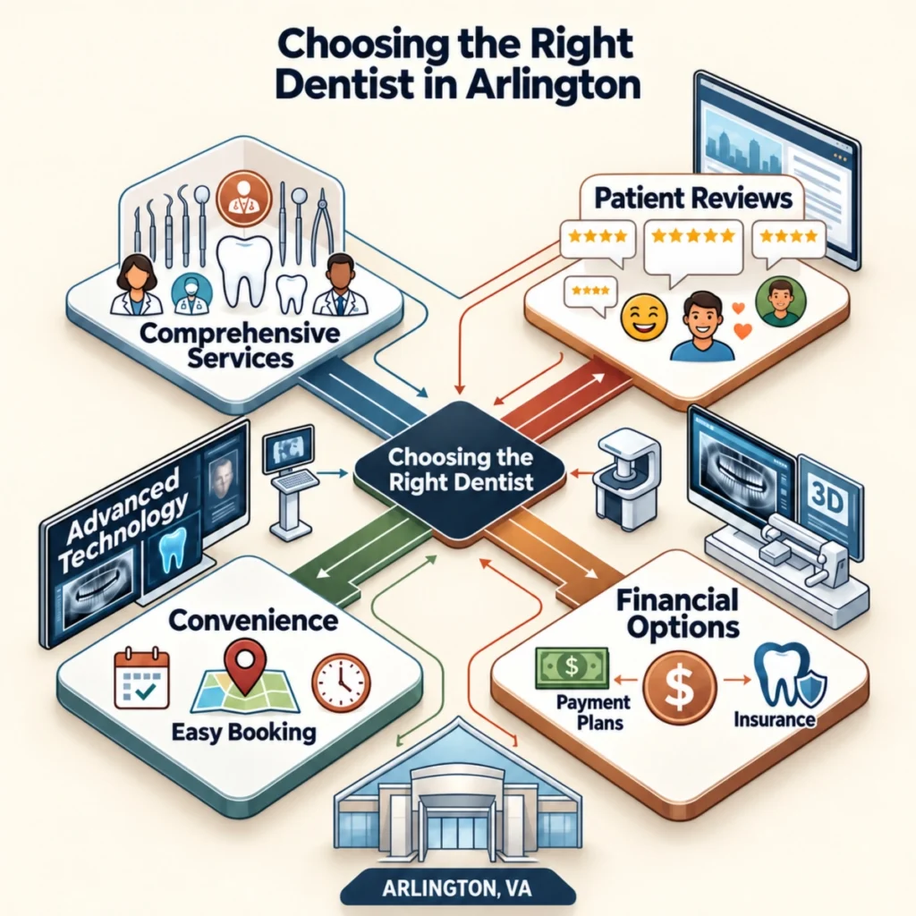 Choosing the Right Dentist Infographic detailing key factors for selecting an Arlington dentist, including reviews and technology options.