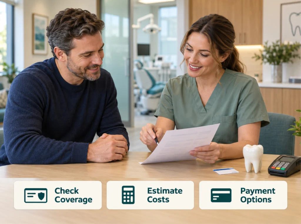 Dental Insurance and Payment Dental staff member reviewing financial documents with a male patient at a modern office desk.