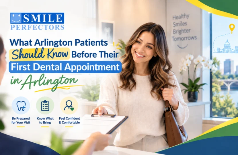 Smiling woman handing a clipboard to reception staff inside a modern dental office desk area.