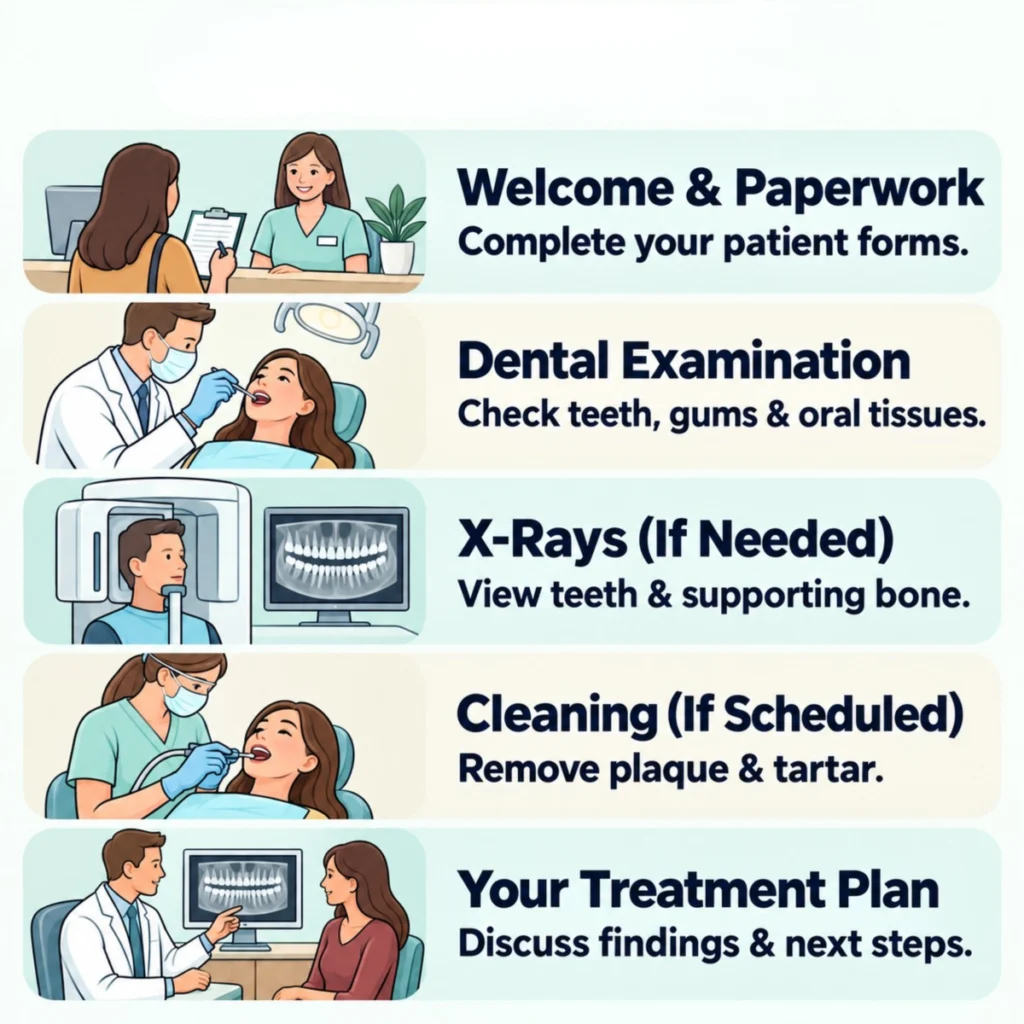 First Dental Appointment Expect Infographic showing five steps of a first dental appointment from intake to treatment planning.