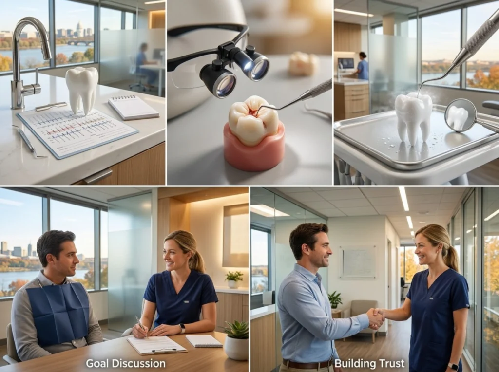 First Dental Appointment Matters Photo collage showing dental tools, a tooth model, patient consultation, and staff greeting.