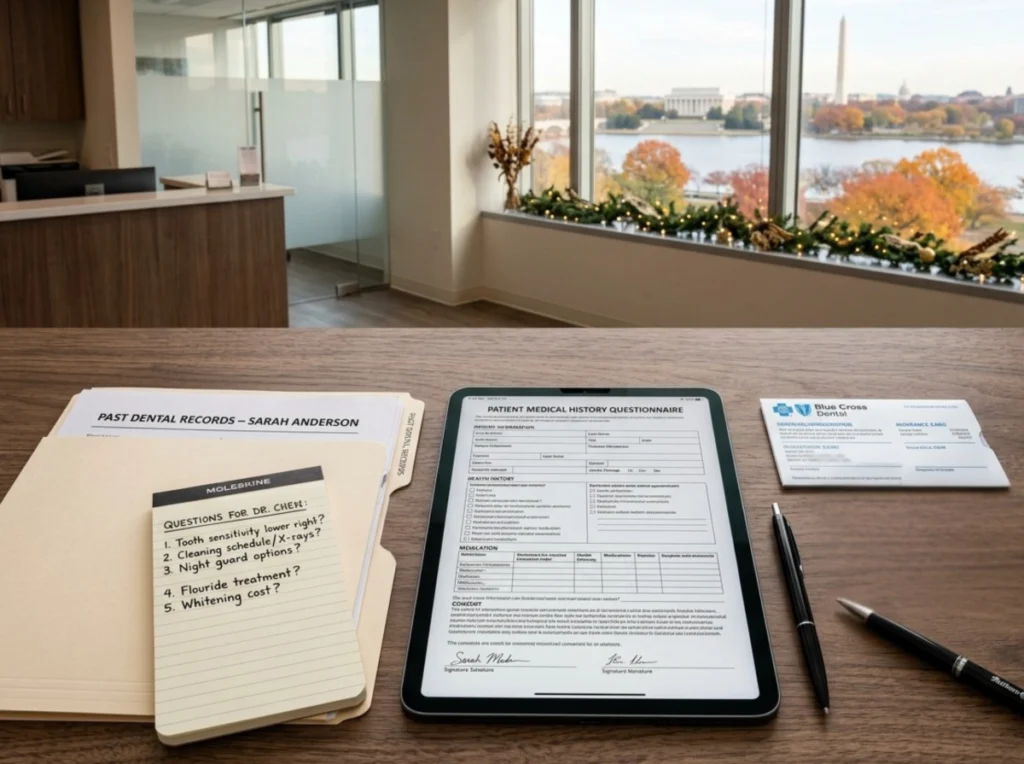 Information and Documents Patient intake forms, tablet questionnaire, dental records, and handwritten notes arranged on a wooden desk.